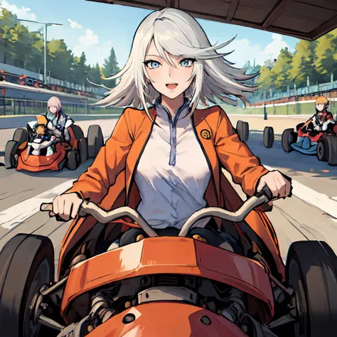 anime girl in orange jacket riding a race car with other people in the background