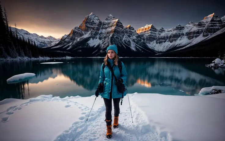 arafed woman standing on snow covered ground near a lake