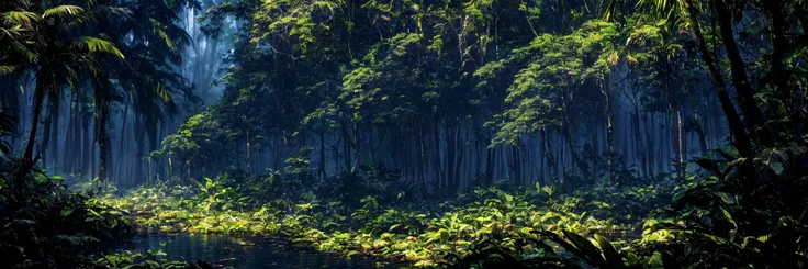 trees and bushes in a forest with a river in the foreground