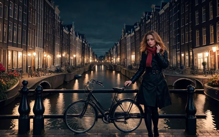 arafed woman standing next to a bicycle on a bridge in a city