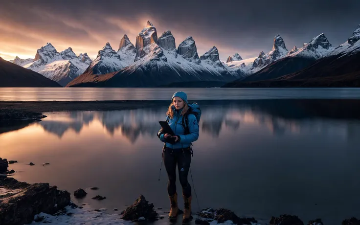 a woman standing on a rocky shore with mountains in the background