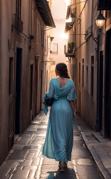 fashion photo of fertility goddess,  (style of Fan Ho), [vibrant Lisbon lightplay:urban texture:0.8] composition, capturing a mesmerizing moment of a woman moving through a narrow alley in Lisbon, Portugal, her form bathed in the interplay of light and sha...