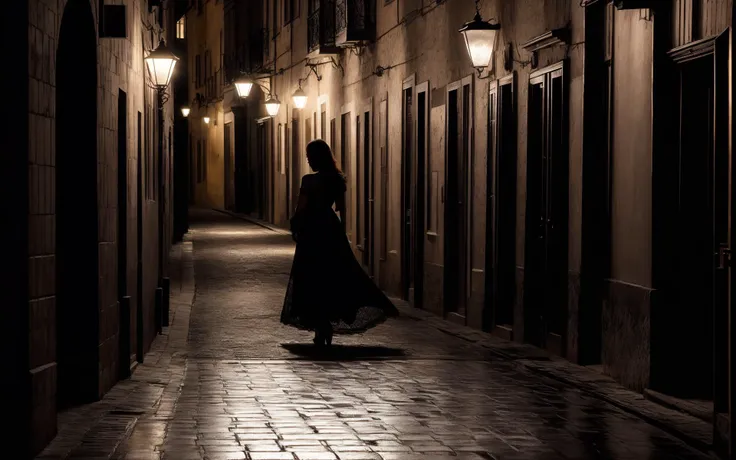 arafed woman walking down a dark alleyway at night