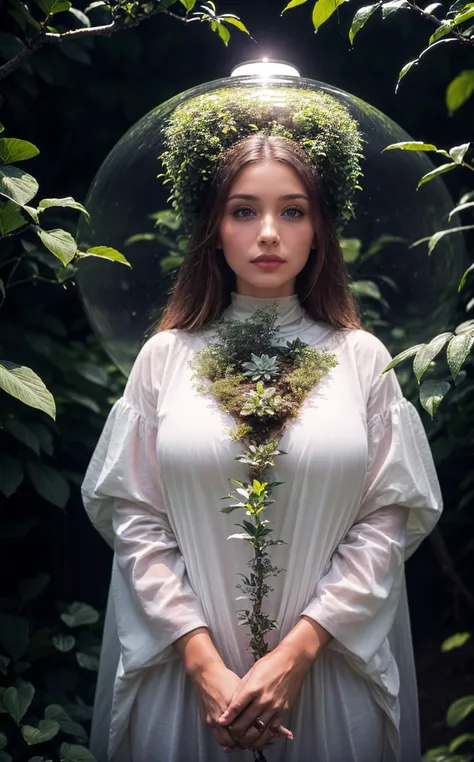 a woman in a white dress and a green crown stands in a forest