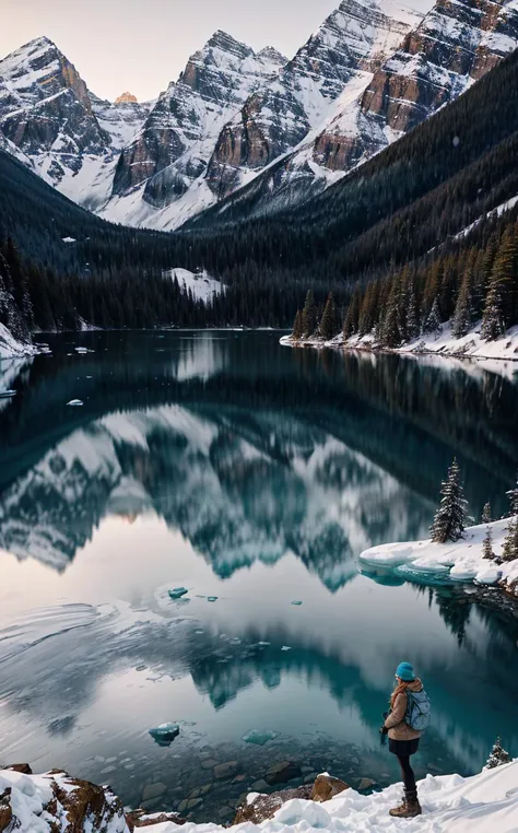 araffe standing on a snowy hill overlooking a lake and mountains