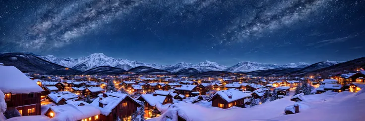 snowy night in the mountains with a town and stars