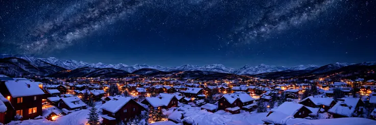 snowy night in the mountains with a town and stars