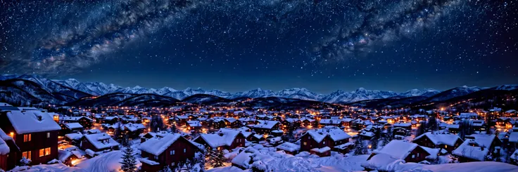 snowy night scene with a town and stars in the sky