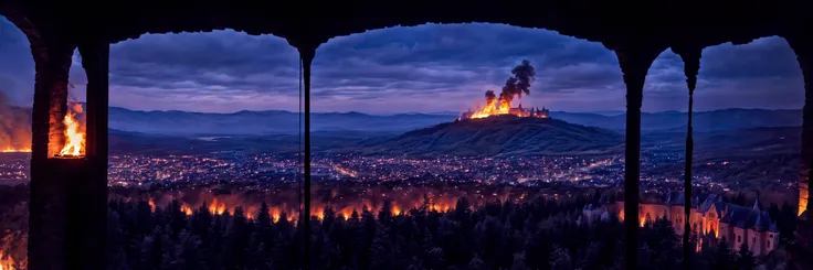 a view of a mountain with a fire in the distance