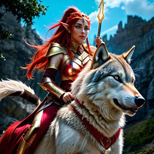 a woman riding a wolf<lora:IrithelMobileLegendsV10Lora-000001:0.6> a woman holding a golden crossbow, red hair, ponytail, light blue glowing eyes, pointy elf ears, wearing red gold skimpy armor, red metallic breast plate, golden tiara, white fur shoulders,...