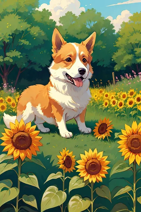 master piece, high quality, a cute Corgi, play in the garden, sunflowers and butterflies,  <lora:J_illustration:0.8>