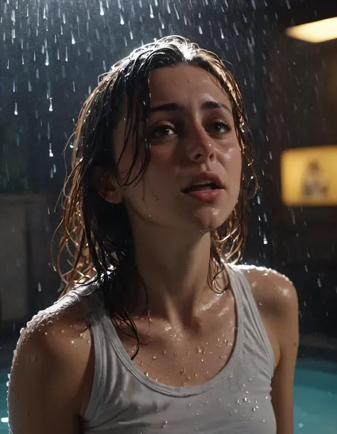 In this mesmerizing scene, Sara Carrolli, a world-renowned cinematographer, captures a masterpiece of a film still depicting a girl in her best quality cinematic setting. The high detail reveals water drops cascading down her wet t-shirt while the splash c...