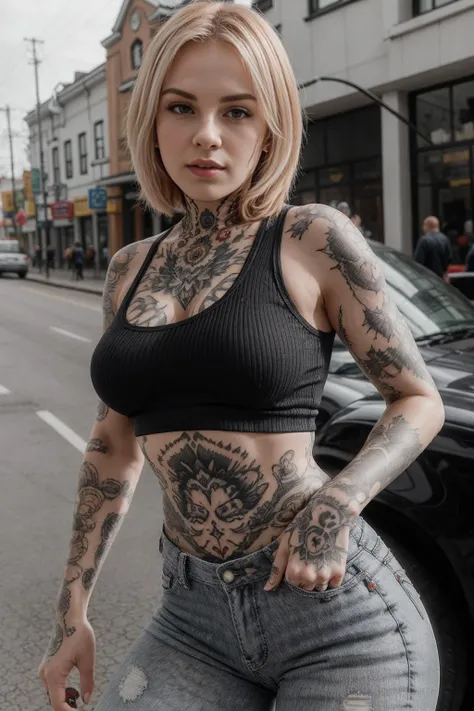 SGShkurushkain, beautiful girl, gorgeous woman, lots of tattoos tattooed wearing black jeans and a tank top on a busy street <lora:SGShkurushka_198800:0.55>, <lora:TEST:0.5>