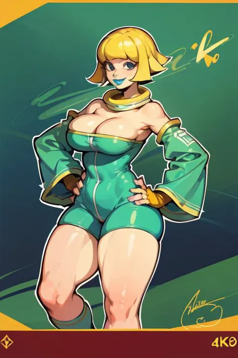 ((4k, official art, absurdres, accurate art style, thick outlines)), bel, 1girl, solo, breasts, looking at viewer, smile, short hair, bangs, blonde hair, large breasts, gloves, dress, cleavage, bare shoulders, detached sleeves, signature, wide sleeves, blu...