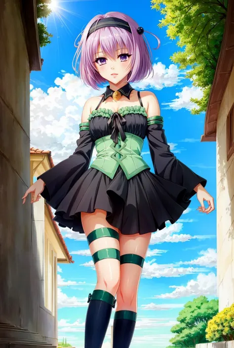 tlrmomo,purple eyes, medium breasts,purple eyes, short hair,demon tail,<lora:ÐÐ¾Ð¼Ð¾ To LOVE Ru(tlrmomo,purple eyes, medium breasts,purple eyes, short hair,demon tail(ÑÐ¼ 2 Ð¾Ð´ÐµÐ¶Ð´Ñ):1>hair ornament, hairband, black and green dress, detached collar, ...