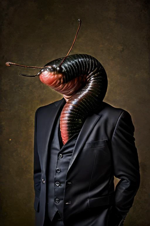 <lora:dressedAnimalsLora_v10:1> an earthworm wearing a black suit