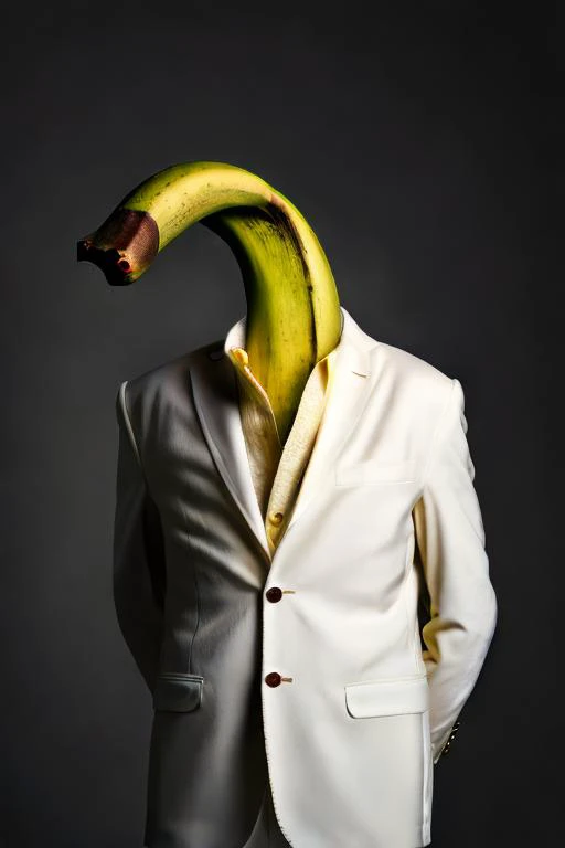 a photo of a banana wearing a white suit <lora:dressedAnimalsLora_v10:1>