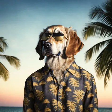 <lora:dressedAnimalsLora_v21:0.8> a Golden Retriever in palm tree patterned shirt, medium long shot, vintage Aviator glasses