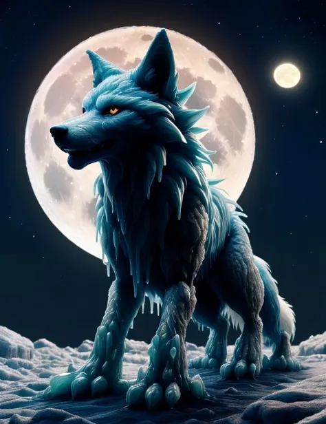 a wolf standing in the snow with a full moon behind it