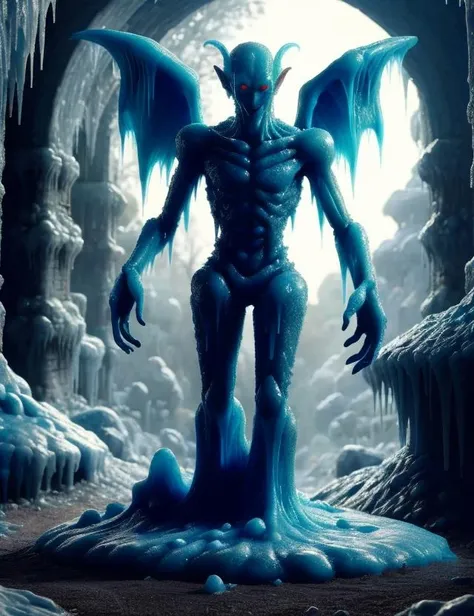 a close up of a blue creature standing in a cave