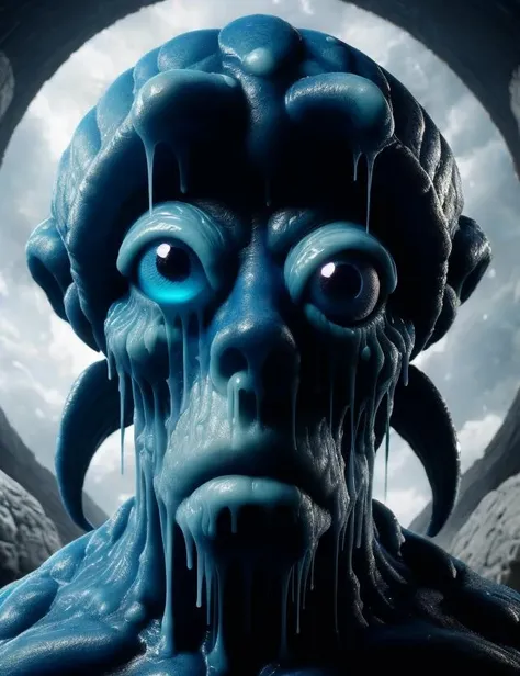 a close up of a blue alien with a large head