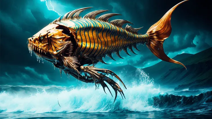 <lora:MarblingAI:0.5> marblingai, epic fantasy picture of a dripping wet skeletal fish leaping from the sea, bones with silver filigree patterns, golden stormy sky, huge waves, volcano erupting in the background