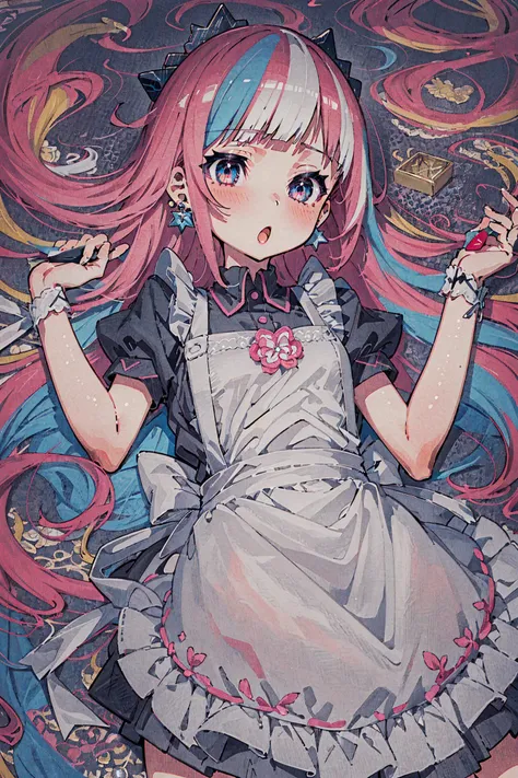 anime girl with pink hair and blue eyes holding scissors