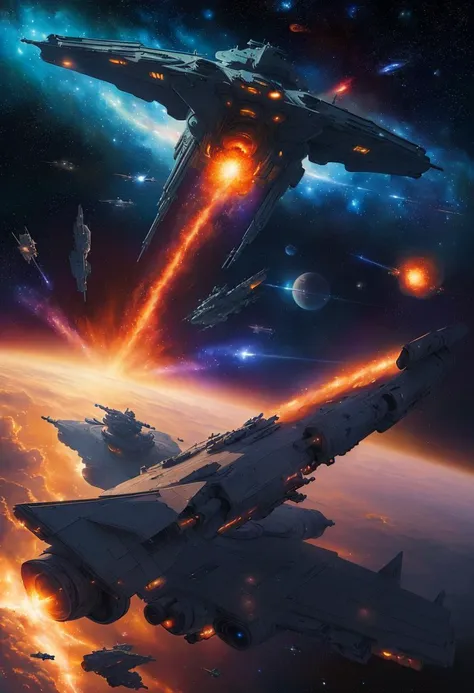 ((best quality)), ((masterpiece)), ((ultra realistic)), beautiful intricately detailed soft oil painting of a scifi space battle...