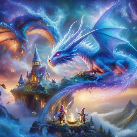 a painting of a dragon and a castle in the sky