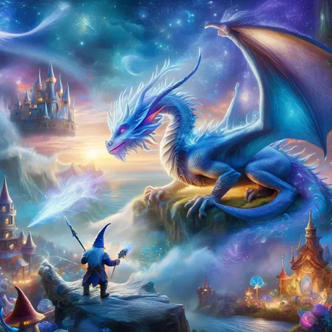 a painting of a dragon with a sword and a castle in the background