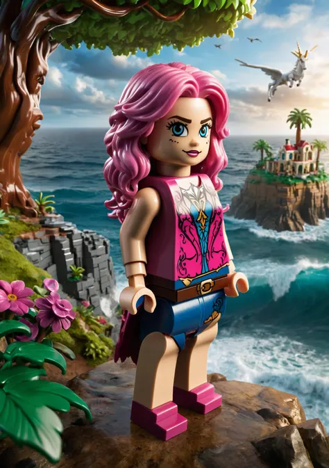 (((masterpiece))) , (((best quality))) , anime style, 2d, pleasant art in the form of a Lego minifig. Featuring a Hairy Beautiful 1girl, solo, unicorn standing on a cliff under a tree, stormy ocean in the background, and Zoë Kravitz, Pink hair, religious a...