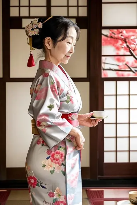 2. Elderly woman (ethnicity: East Asian, age: 80s) in a traditional tea house (setting: serene, Japanese style). Shes wearing a classic kimono (fabric: silk, floral pattern) with her hair neatly styled in a traditional bun, and subtle, elegant makeup. Shes...