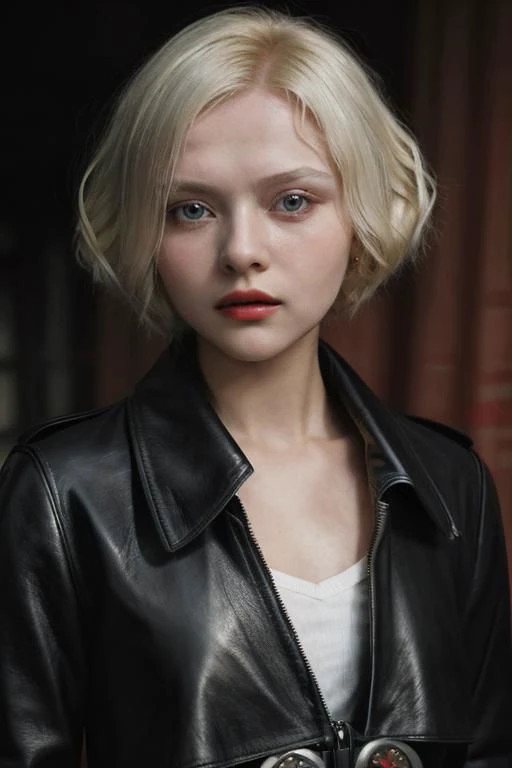 a close up of a woman in a black leather jacket