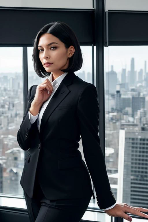 4. Female executive (ethnicity: Black, age: 40s) in a high-rise office (setting: modern, overlooking a cityscape). Shes in a sharp business suit (fabric: fine wool, tailored) with her hair styled in a sleek bob, and professional makeup. Shes looking out th...