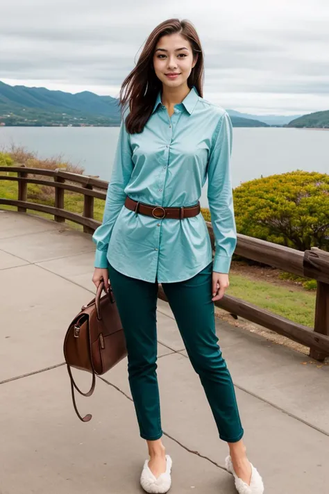 1 woman, detailed, realistic, standing, full body shot, scenic view, noon
<lora:Shirt Pants by Stable Yogi:0.5>teal shirt, long sleeves, pants belt, bag, slippers