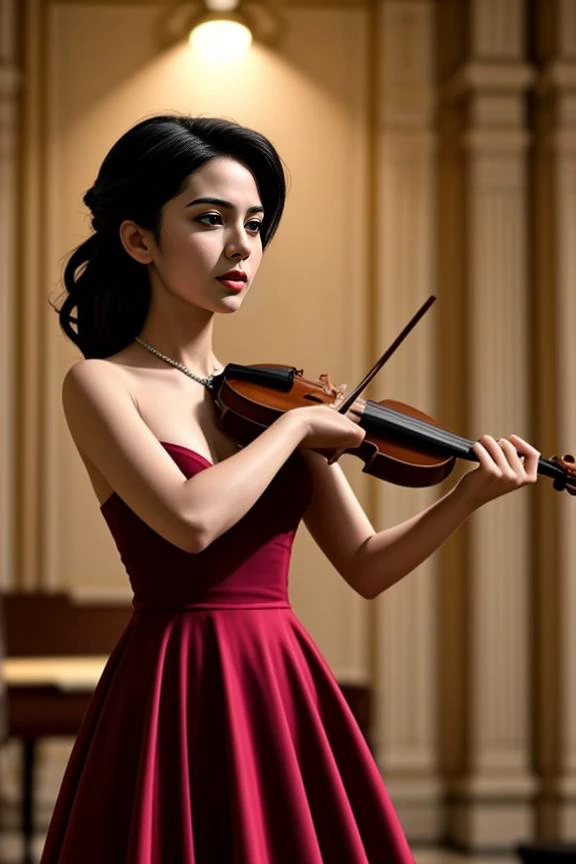 7. Female violinist (ethnicity: South Asian, age: late 20s) on a grand stage (setting: elegant, classical concert hall). Shes in a formal evening gown (fabric: velvet, deep red) with her hair styled in a sophisticated updo, and refined makeup. Shes playing...