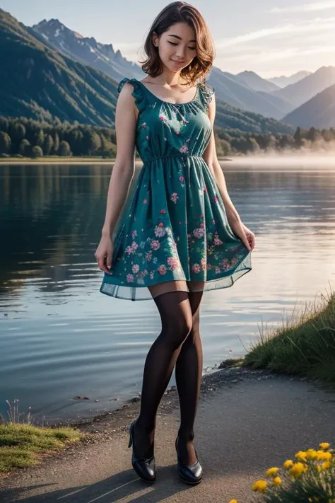 1 woman, detailed, realistic, standing, full body shot, Dawn, misty lakeside with a backdrop of mountains bathed in soft light. <lora:Flower_Print_Frock_by_Stable_Yogi:0.8>,green flower print frock,black_pantyhose, tutututu, <lora:tutuJG_00008:0.85>