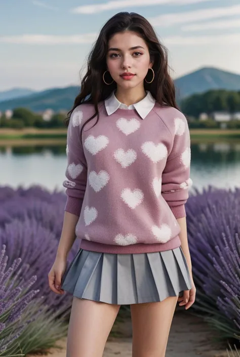 1girl, beautiful, detailed, masterpiece, looking at viewer, hour glass body, realistic scenic view, full body shot
<lora:Red_Heart_Dress_1812_By_Stable_Yogi:0.8> lavender heart print sweater, wing collar shirt, pleated grey skirt, hoop earrings, jewelry