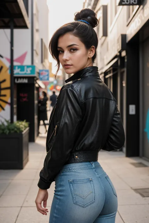 a close up of a woman in a black jacket and jeans