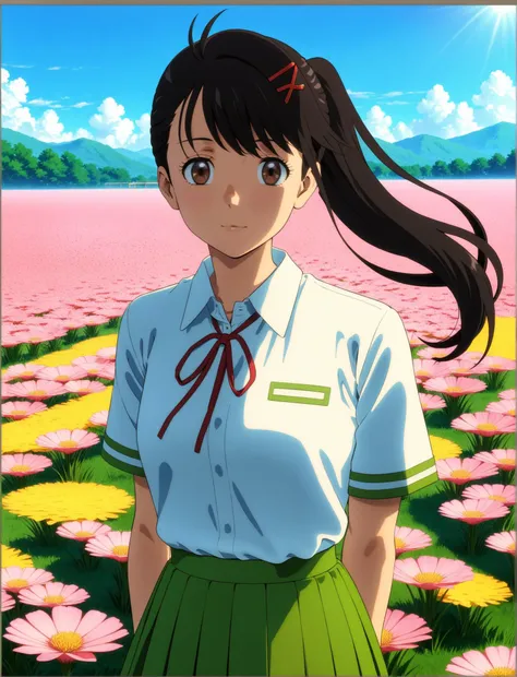 a woman in a green skirt standing in a field of flowers