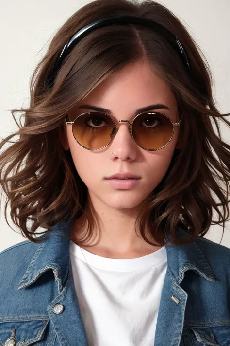 a woman with a headband and sunglasses on wearing a denim jacket