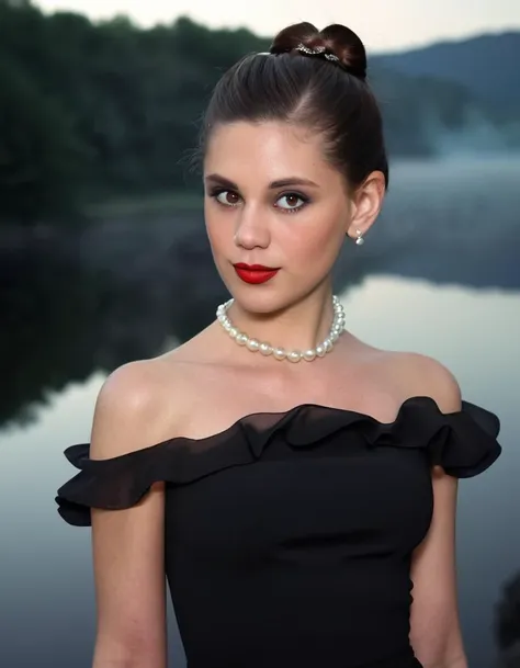 a close up of a woman wearing a black dress and a pearl necklace