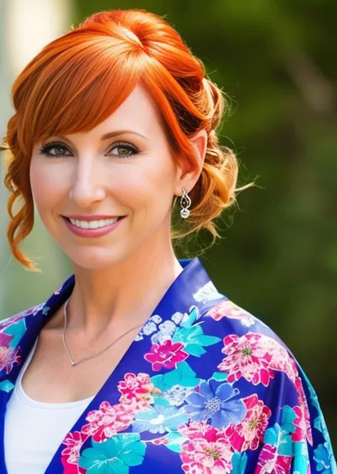 photo of kari byron person, wearing a japanese kimono in tokyo, hair tied up, hyper realistic photograph, detailed face