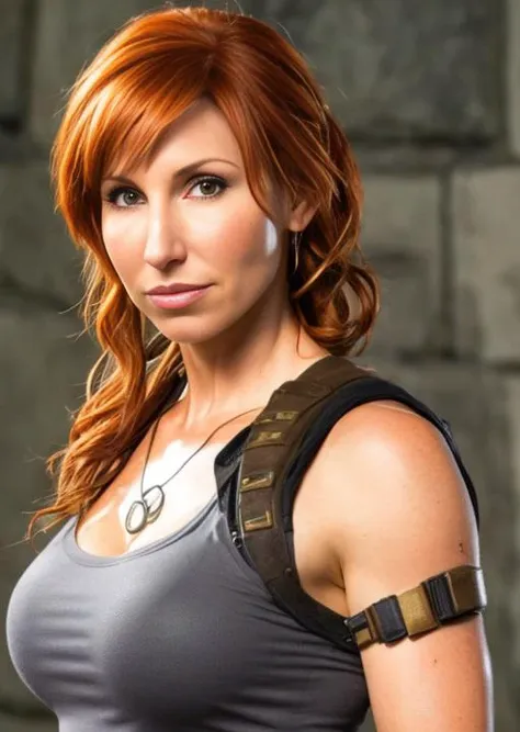 photo of kari byron person, lara croft cosplay, hyper realistic photograph, detailed face, closed lips