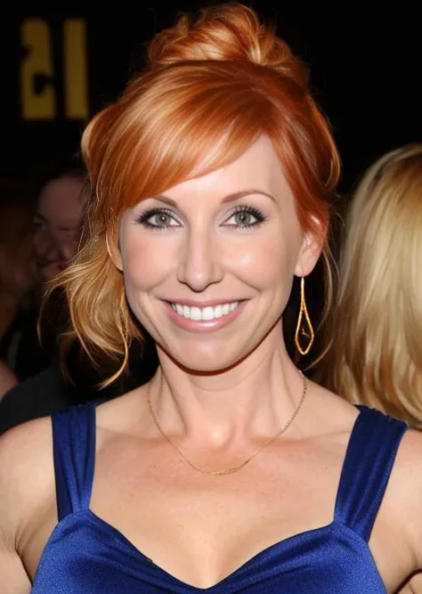 photo of kari byron person, partying in a club, hair tied up, hyper realistic photograph, detailed face