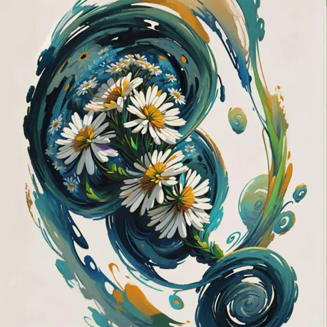 painting of a bunch of daisies in a swirl of water