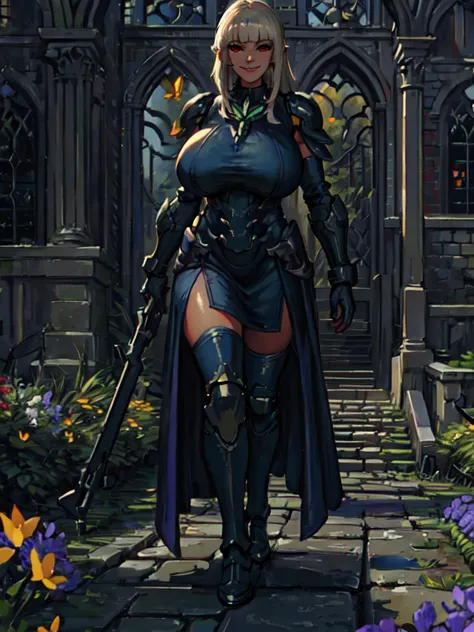 a close up of a woman in armor standing on a stone path