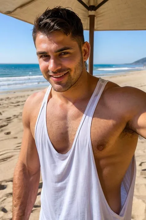 man wearing a white tank top, stringer shirt with a (low-cut chest:1.1) (extreme low-cut dropped side holes:1.1), <lora:Tank Top Stringer Shirt SD15:0.8>, stavros, smirk, stubble, at the beach