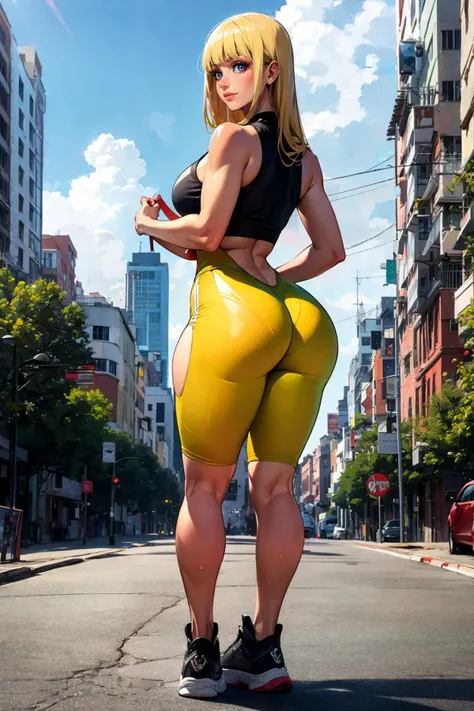 masterpiece,best quality,realistic,4k, Brazilian, ((blonde hair)) , blunt bangs, sweating, smirk,
1girl, thick thighs, thin waist, wide hips, voluptuous,  yellow yoga shorts, solo, long hair, black hair, bare shoulders, outdoors, from behind, ass, perfect ...