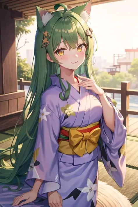 best quality, masterpiece, highres, solo, {yukata:1.40}, {kimono:1.20}, {akashi_azurlane:1.15}, animal_ears, cat_ears, green_hair, long_hair, ahoge, hair_between_eyes, yellow_eyes, blush, bell, bow, hair_ornament, bangs, very_long_hair, :3, mole, smile, mo...